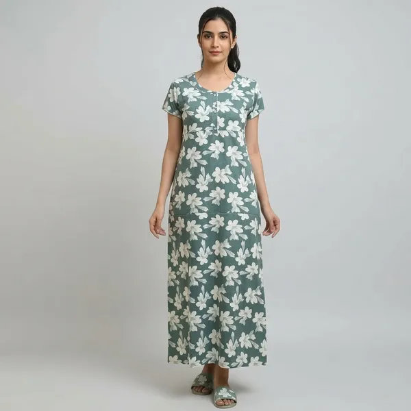Green_Cotton_Floral_Print_Maxi_Nightgown_For_Women