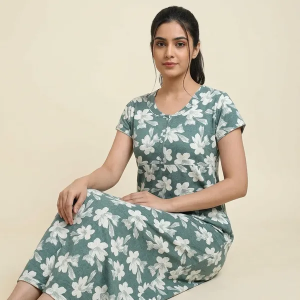 Green_Cotton_Floral_Print_Maxi_Nightgown_For_Women