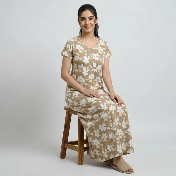 Yellow_Cotton_Floral_Maxi_Nightgown_For_Women