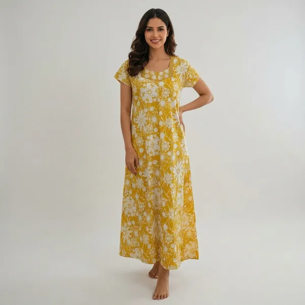 Yellow_Pure_Cotton_Floral_Relaxed_Fit_Nightgown_For_Women