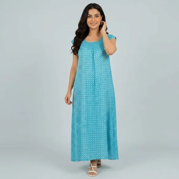 Teal_Pure_Cotton_Full_Length_Nightgown_For_Women