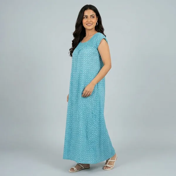 Teal_Pure_Cotton_Full_Length_Nightgown_For_Women