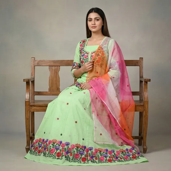 Green_Pure_Cotton_Traditional_Unstitched_Rajputi_Poshak_Set_For_Women