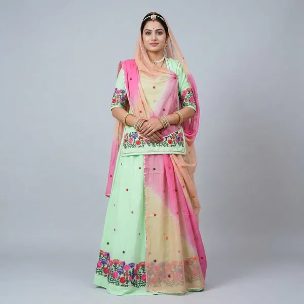 Green_Pure_Cotton_Traditional_Unstitched_Rajputi_Poshak_Set_For_Women