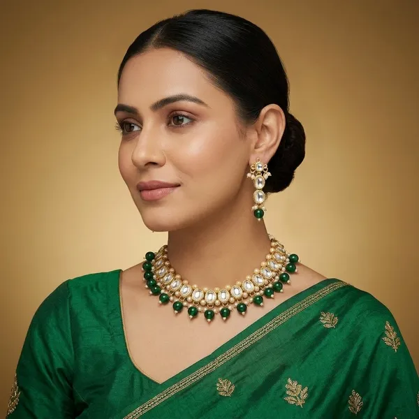 Gold_Kundan_Green_Bead_Ethnic_Choker_Necklace_Set_For_Women