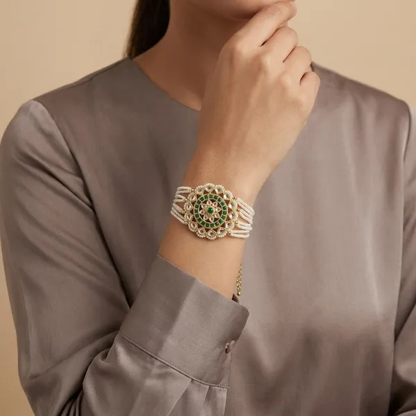 Green_Metal_Alloy_Kundan_Pearl_Multi-Strand_Bracelet_For_Women