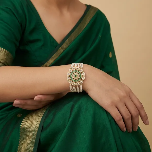 Green_Metal_Alloy_Kundan_Pearl_Multi-Strand_Bracelet_For_Women