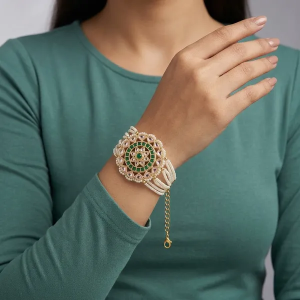 Green_Metal_Alloy_Kundan_Pearl_Multi-Strand_Bracelet_For_Women