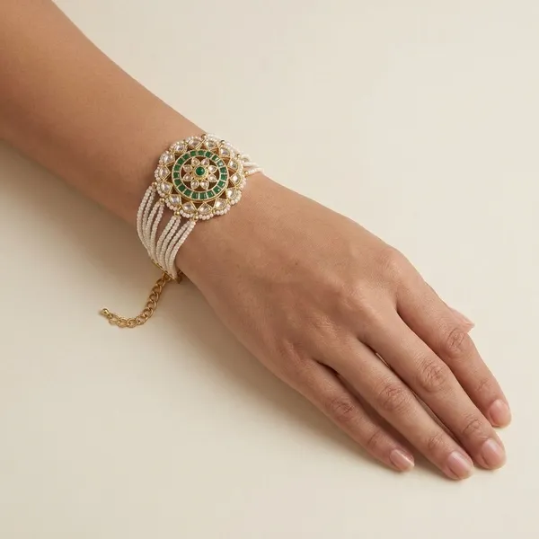 Green_Metal_Alloy_Kundan_Pearl_Multi-Strand_Bracelet_For_Women