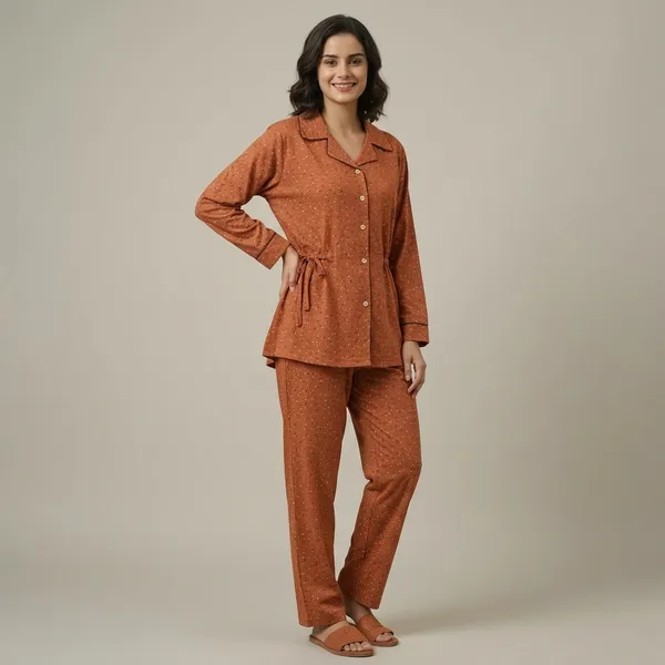 Orange_Cotton_Solid_Long_Sleeve_Night_Suit_For_Women