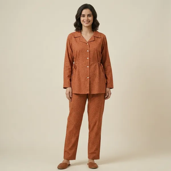 Orange_Cotton_Solid_Long_Sleeve_Night_Suit_For_Women