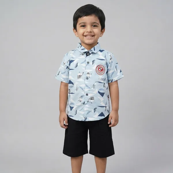Light_Blue_Cotton_Printed_Shirt_Shorts_Clothing_Set_For_Boys