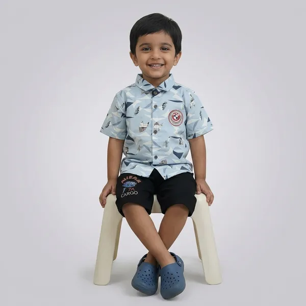 Light_Blue_Cotton_Printed_Shirt_Shorts_Clothing_Set_For_Boys