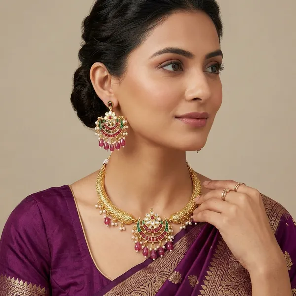 Gold_Plated_Metal_Alloy_Ethnic_Adjustable_Necklace_Set_For_Women