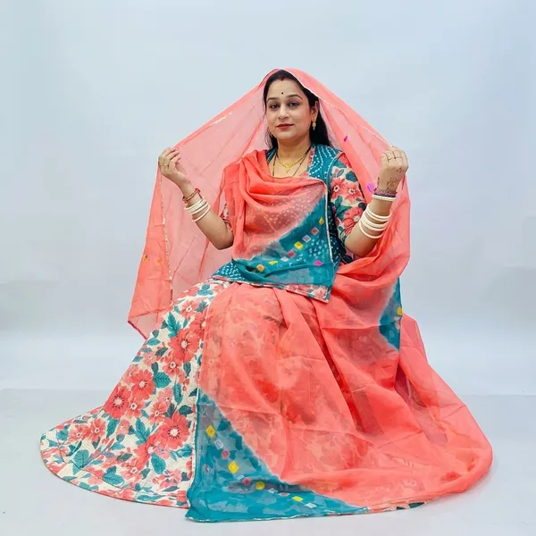 Blue_Pink_Pure_Cotton_Bandhej_Floral_Rajputi_Poshak_For_Women