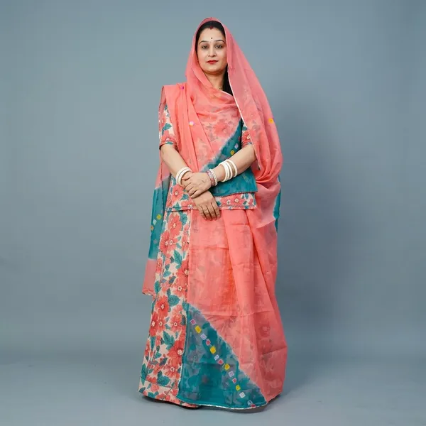 Blue_Pink_Pure_Cotton_Bandhej_Floral_Rajputi_Poshak_For_Women