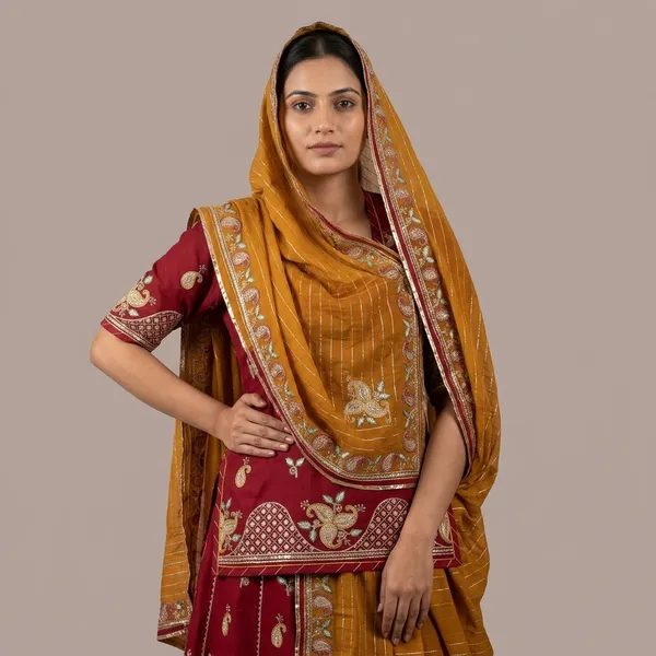 Maroon_Cotton_Silk_Gota_Patti_Rajputi_Poshak_For_Women