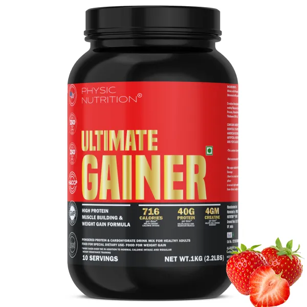 Physic_Nutrition_Ultimate_Gainer_1Kg_|_716_Calories,_40G_Protein,_04G_Creatine_|10_Servings|_Mass_Gainer_For_Weight_Gain_|_Strawberry_Flavour