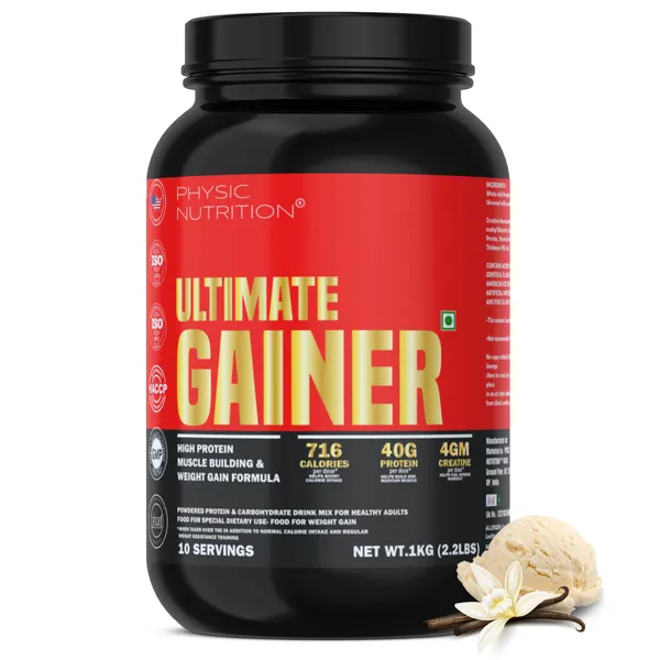 Physic_Nutrition_Ultimate_Gainer_1Kg_|_716_Calories,_40G_Protein,_04G_Creatine_|10_Servings|_Mass_Gainer_For_Weight_Gain_|_Vanilla_Flavour