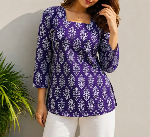 Purple_&_White_Cotton_Block_Print_Square_Neck_Tunic_Top_For_Women