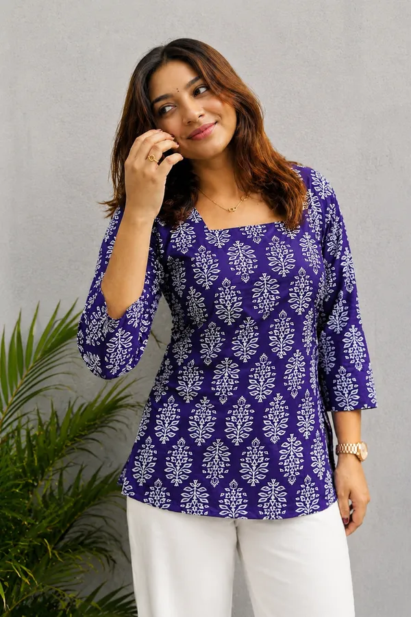 Purple_&_White_Cotton_Block_Print_Square_Neck_Tunic_Top_For_Women