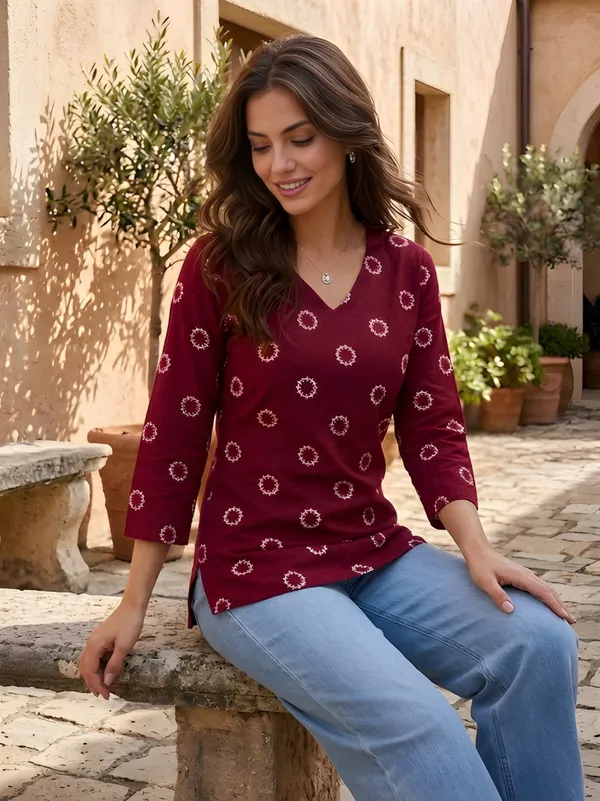 Maroon_Cotton_Printed_Three_Quarter_Sleeve_V_Neck_Top_For_Women