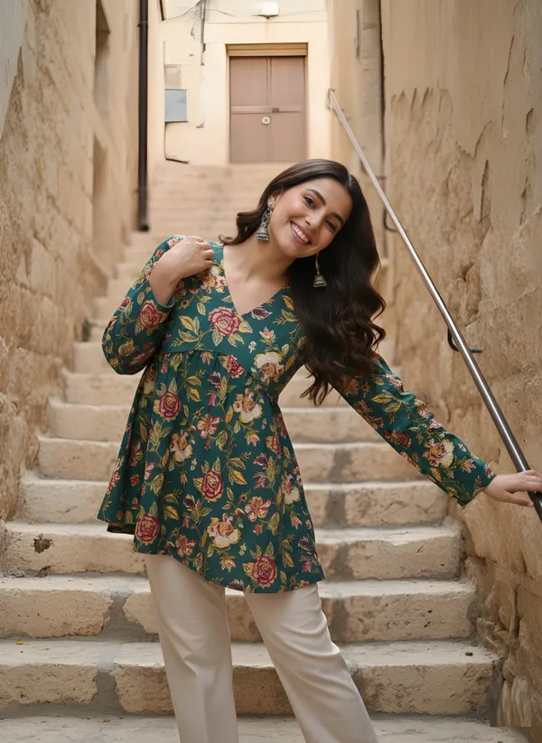 Green_Cotton_Peplum_Floral_Print_Top_For_Women