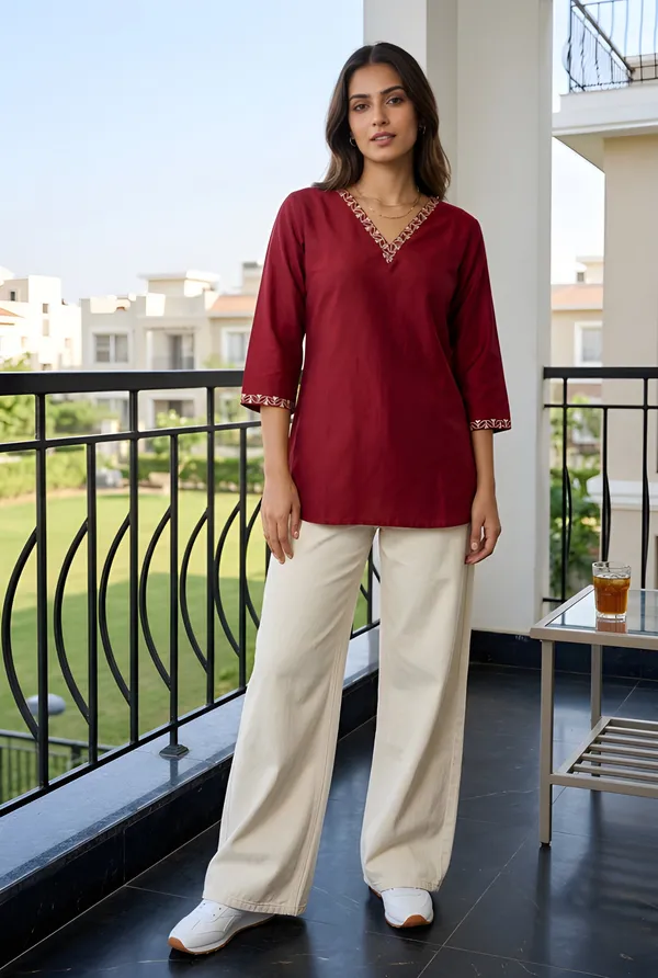Maroon_Cotton_Blend_Embroidered_V_Neck_Tunic_Top_For_Women