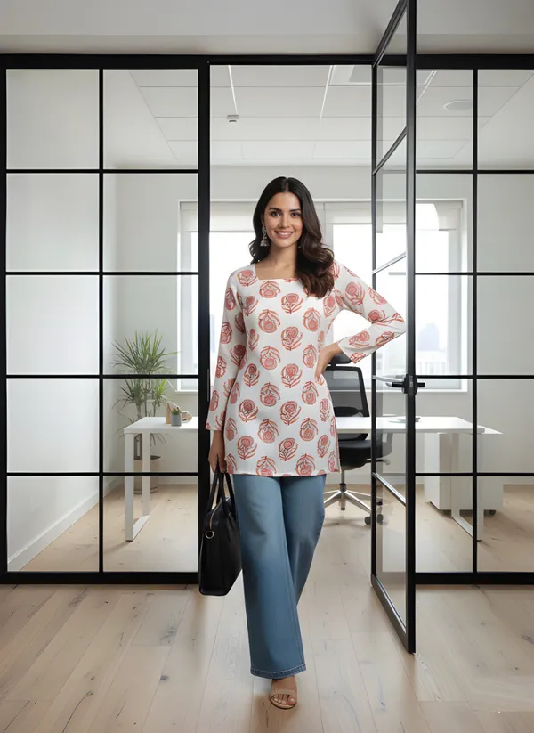 White_Cotton_Rose_Print_Straight_Kurta_For_Women