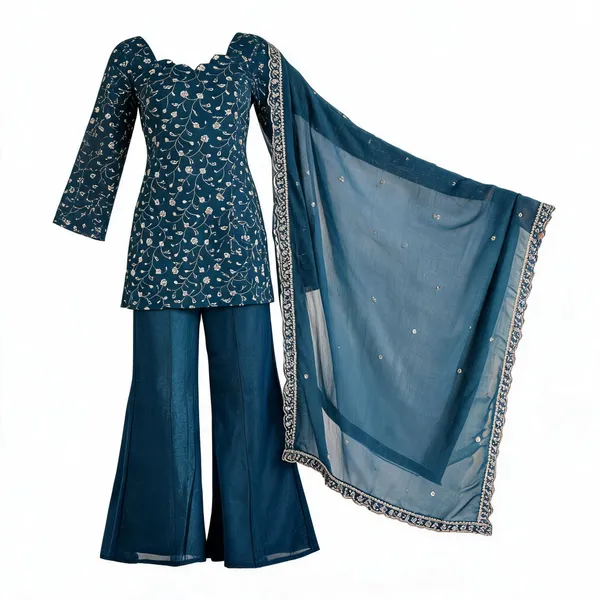 Teal_Cotton_Blend_Floral_Flared_Kurta_Set_For_Women