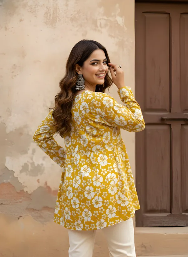 Yellow_Cotton_Floral_Print_Relaxed_Fit_Tunic_For_Women