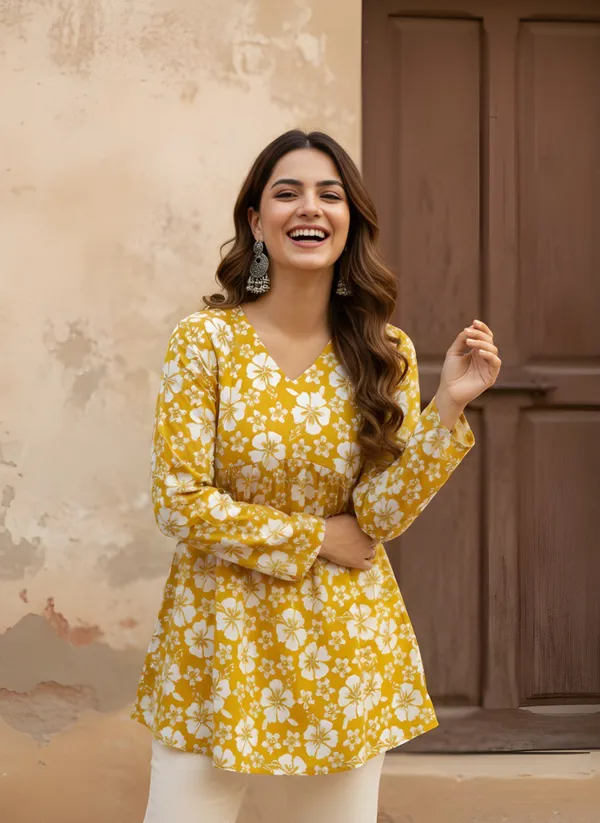 Yellow_Cotton_Floral_Print_Relaxed_Fit_Tunic_For_Women