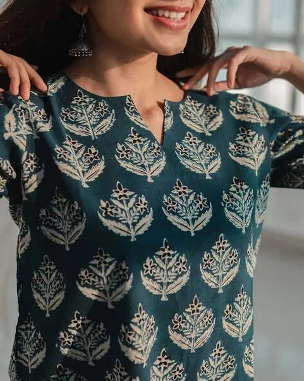 Teal_Green_Cotton_Block_Print_Short_Tunic_For_Women