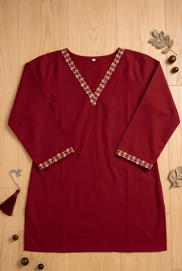 Maroon_Cotton_Blend_Embroidered_V_Neck_Tunic_Top_For_Women