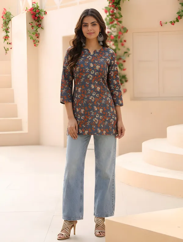 Grey_Cotton_Three_Quarter_Sleeve_Floral_Print_Tunic_For_Women