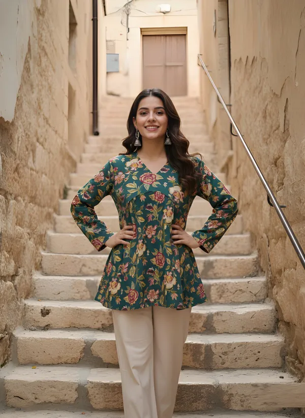Green_Cotton_Peplum_Floral_Print_Top_For_Women
