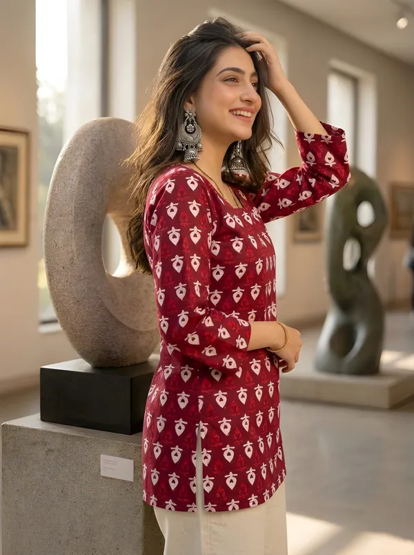 Maroon_Cotton_Geometric_Block_Print_Short_Kurta_For_Women