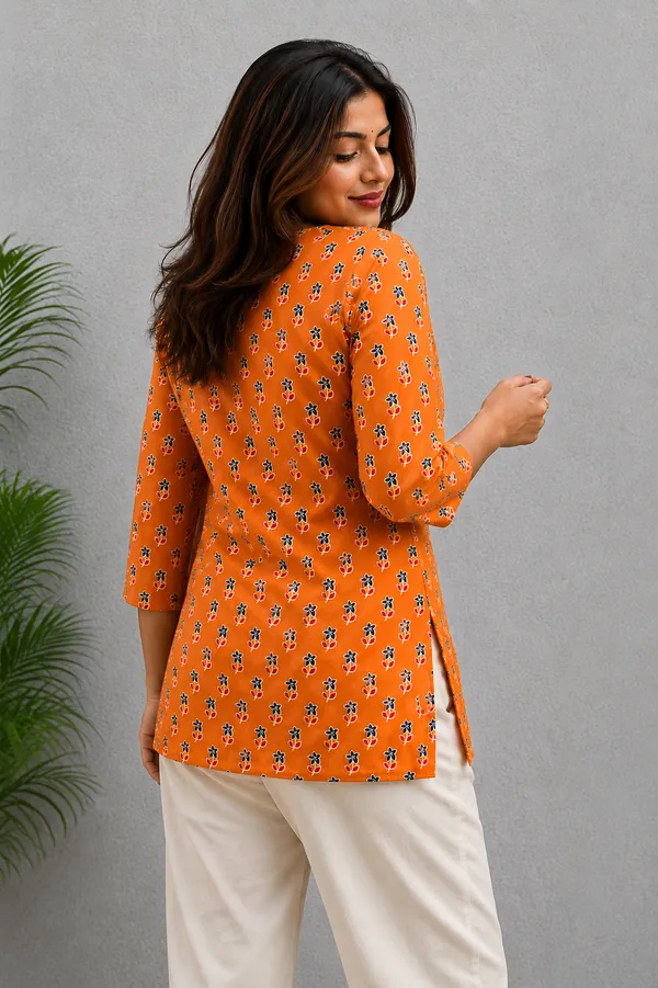Orange_Cotton_Floral_Print_Three_Quarter_Sleeve_Tunic_Top_For_Women