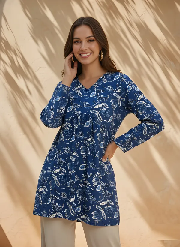 Blue_Cotton_Floral_Print_A_Line_Tunic_Top_For_Women
