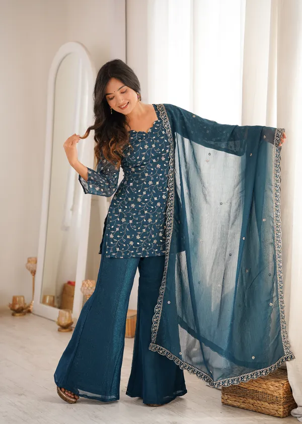 Teal_Cotton_Blend_Floral_Flared_Kurta_Set_For_Women