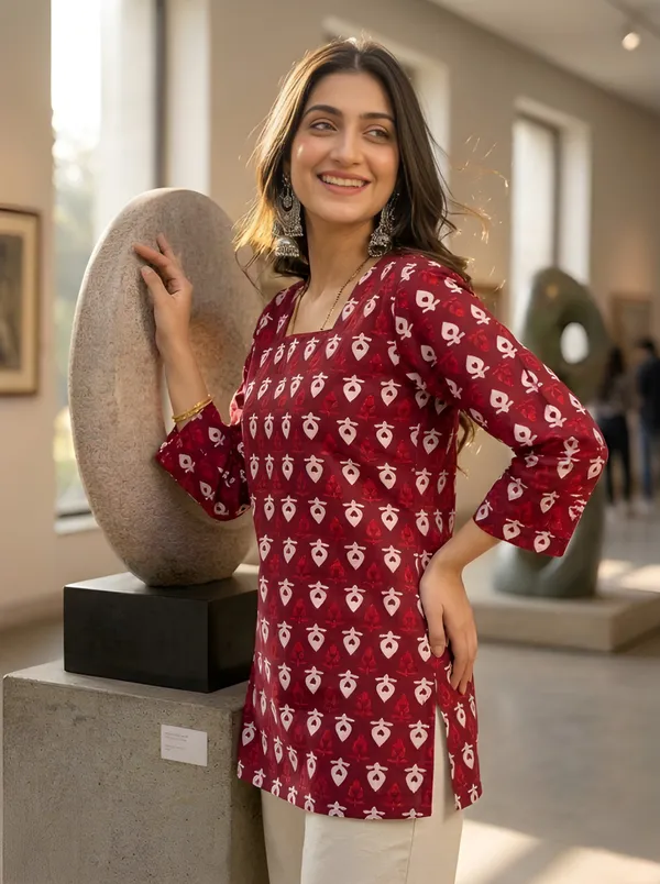 Maroon_Cotton_Geometric_Block_Print_Short_Kurta_For_Women