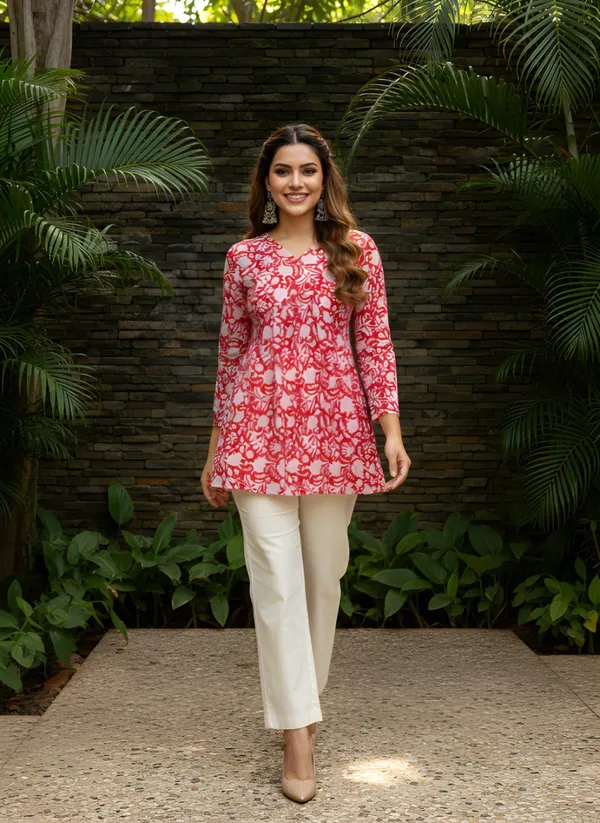 Red_White_Cotton_Floral_Print_Short_Kurti_For_Women