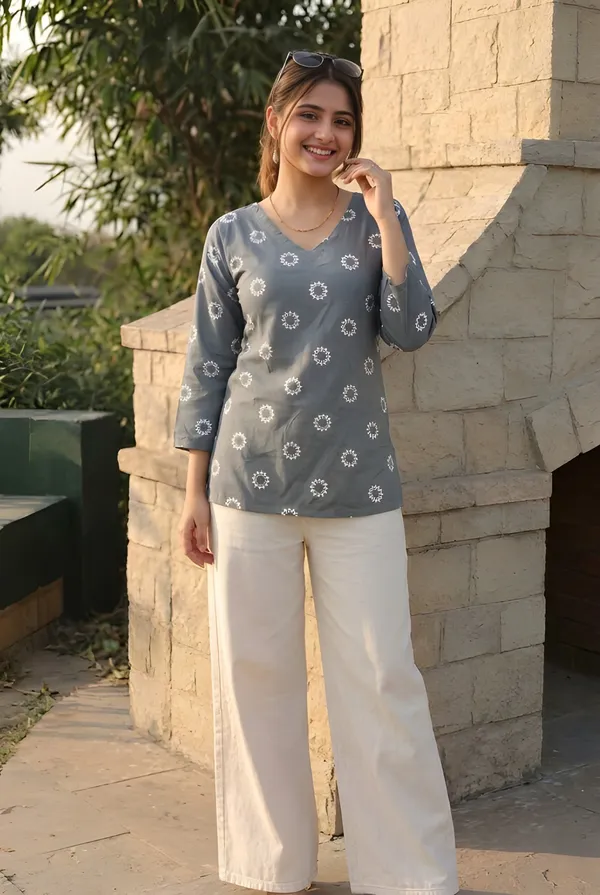 Grey_Cotton_Floral_Print_V_Neck_Top_For_Women