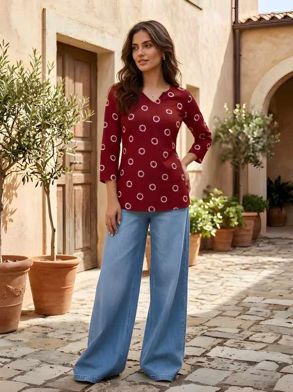 Maroon_Cotton_Printed_Three_Quarter_Sleeve_V_Neck_Top_For_Women