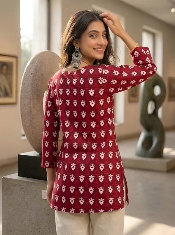 Maroon_Cotton_Geometric_Block_Print_Short_Kurta_For_Women
