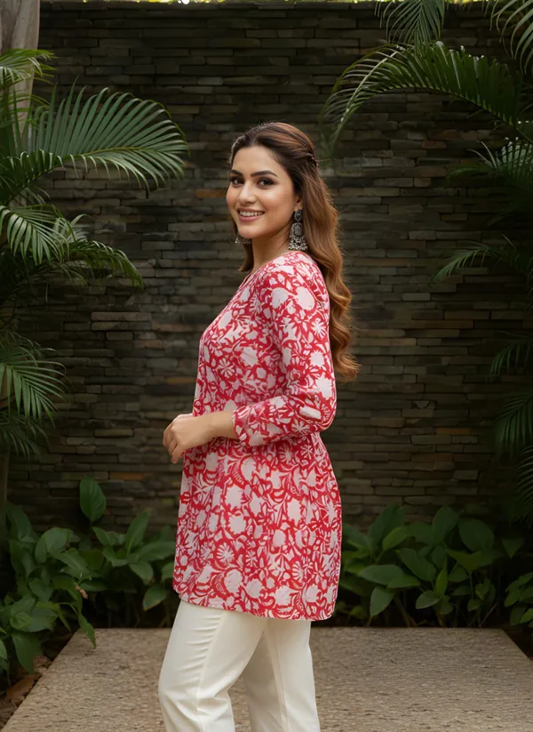 Red_White_Cotton_Floral_Print_Short_Kurti_For_Women