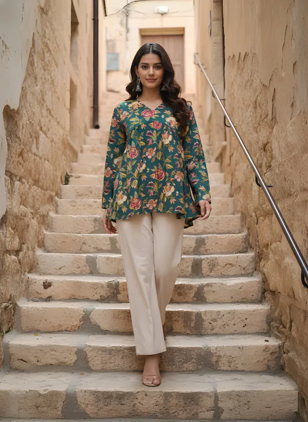 Green_Cotton_Peplum_Floral_Print_Top_For_Women