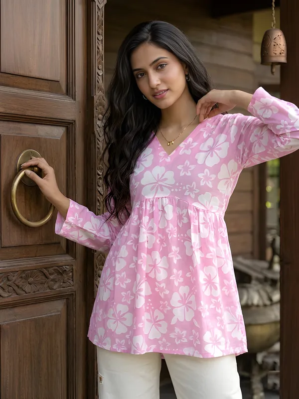 Pink_Cotton_Empire_Waist_Floral_Print_Top_For_Women