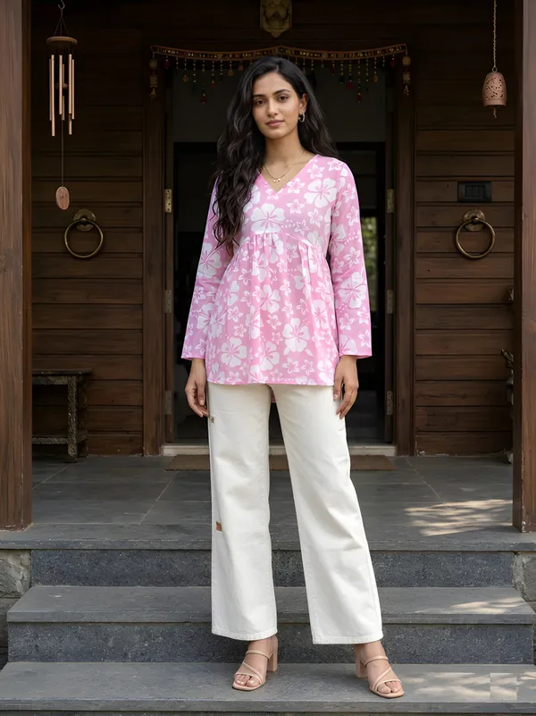 Pink_Cotton_Empire_Waist_Floral_Print_Top_For_Women