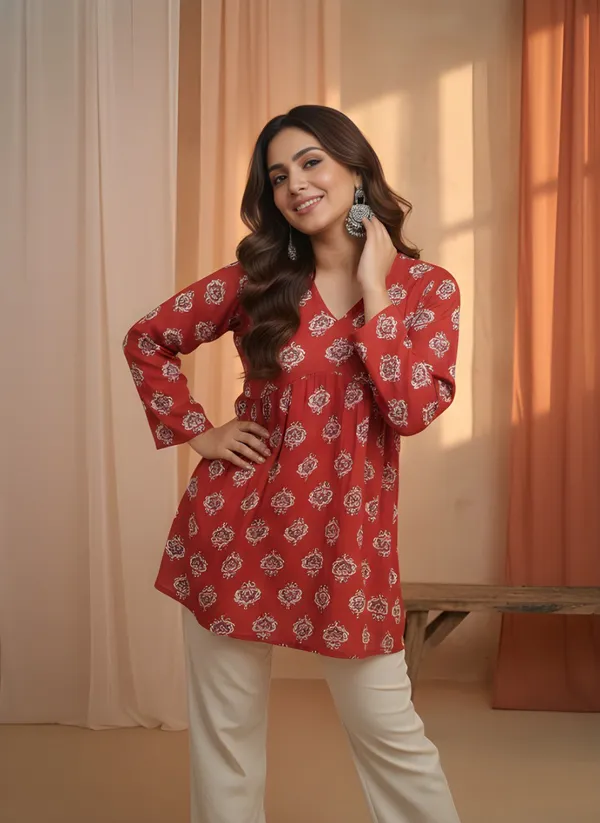 Red_Cotton_Flared_Floral_Print_Kurta_For_Women